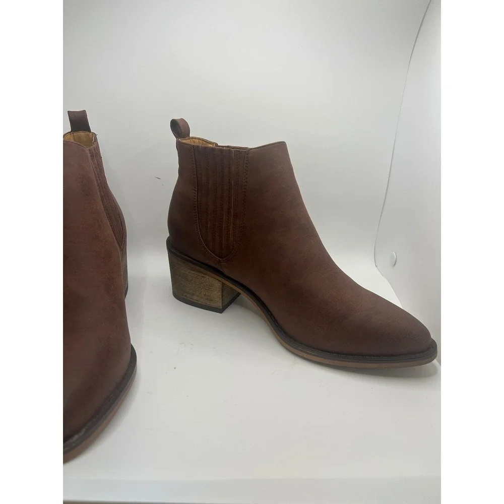 Faryl by Farylrobin Womens Brown Faux Leather Pointed Toe Block Heel Ankle Boots